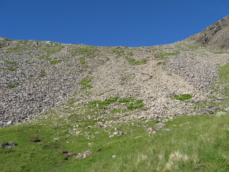 The steep scree to the bealach on Blaven
