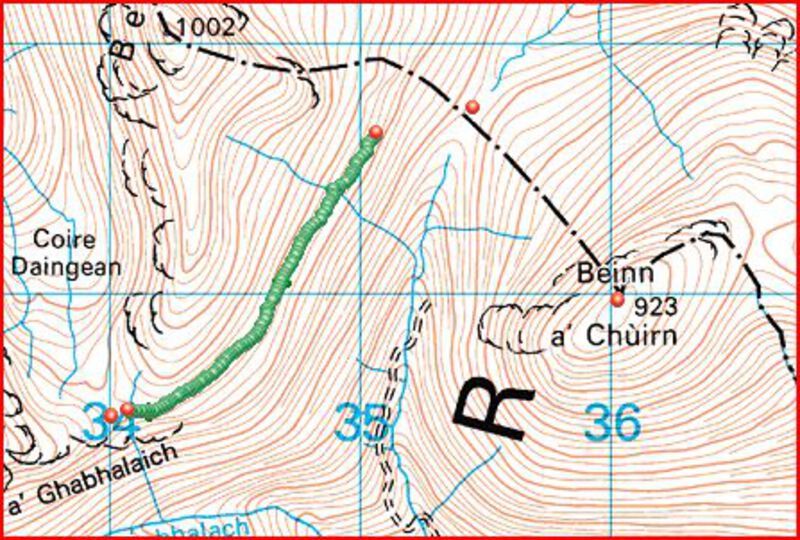 GPS track showing the stalkers path to Beinn Mhanach